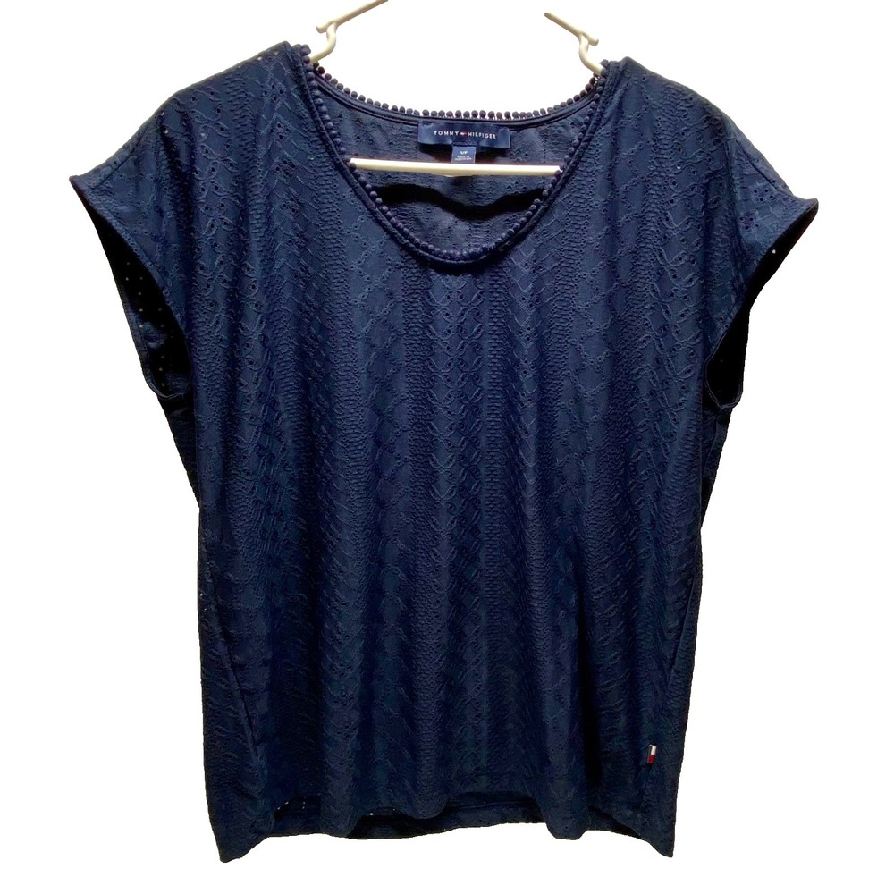 Tommy Hilfiger Eyelet‎ Blouse Women's Small Navy Short Sleeve Career Wear EUC